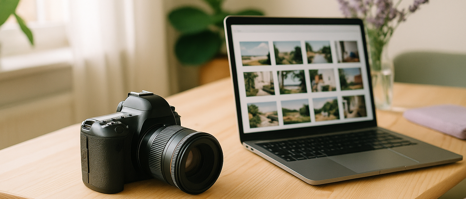 Aparat i laptop z galerią zdjęć – strona internetowa dla fotografa