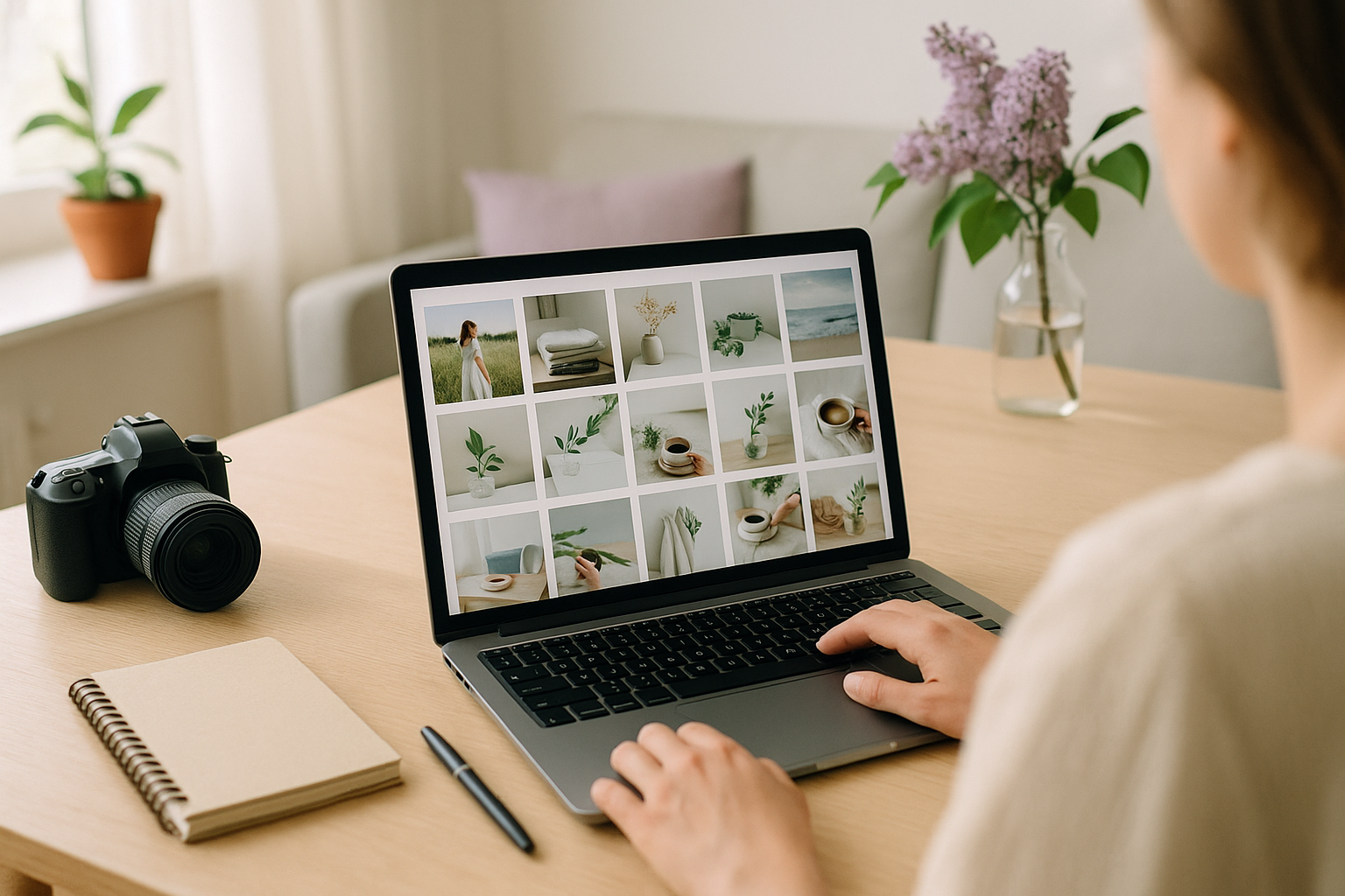 Siatka portfolio fotografa na ekranie laptopa