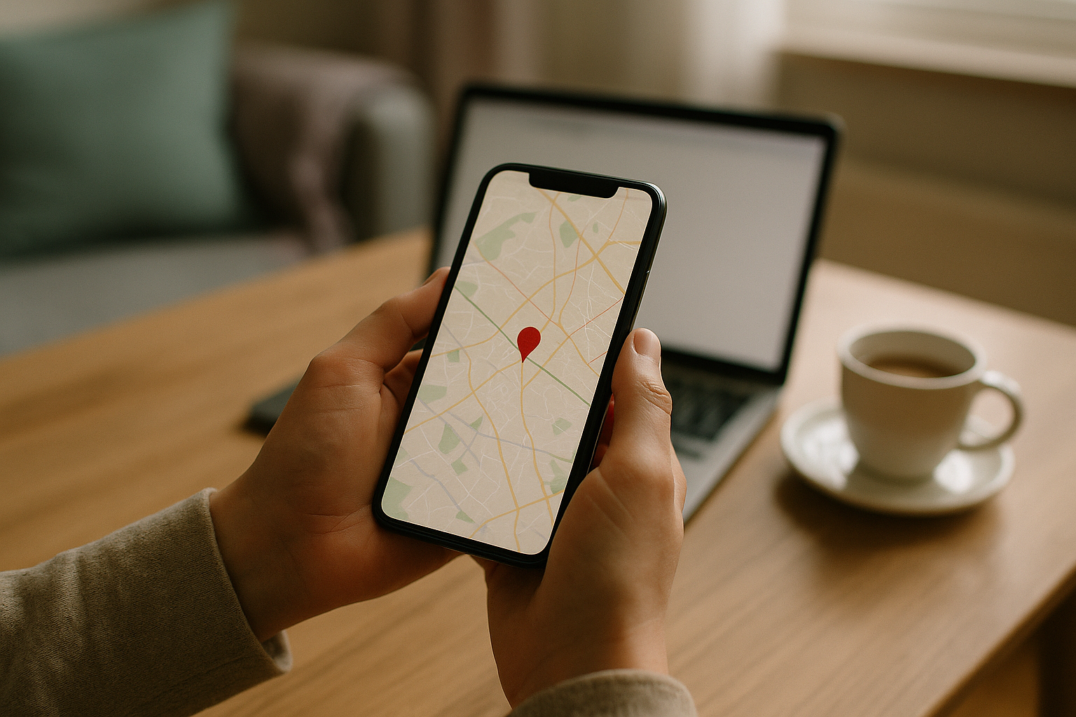 Smartfon z mapą i pinezką lokalizacji gabinetu — lokalne SEO psychologa