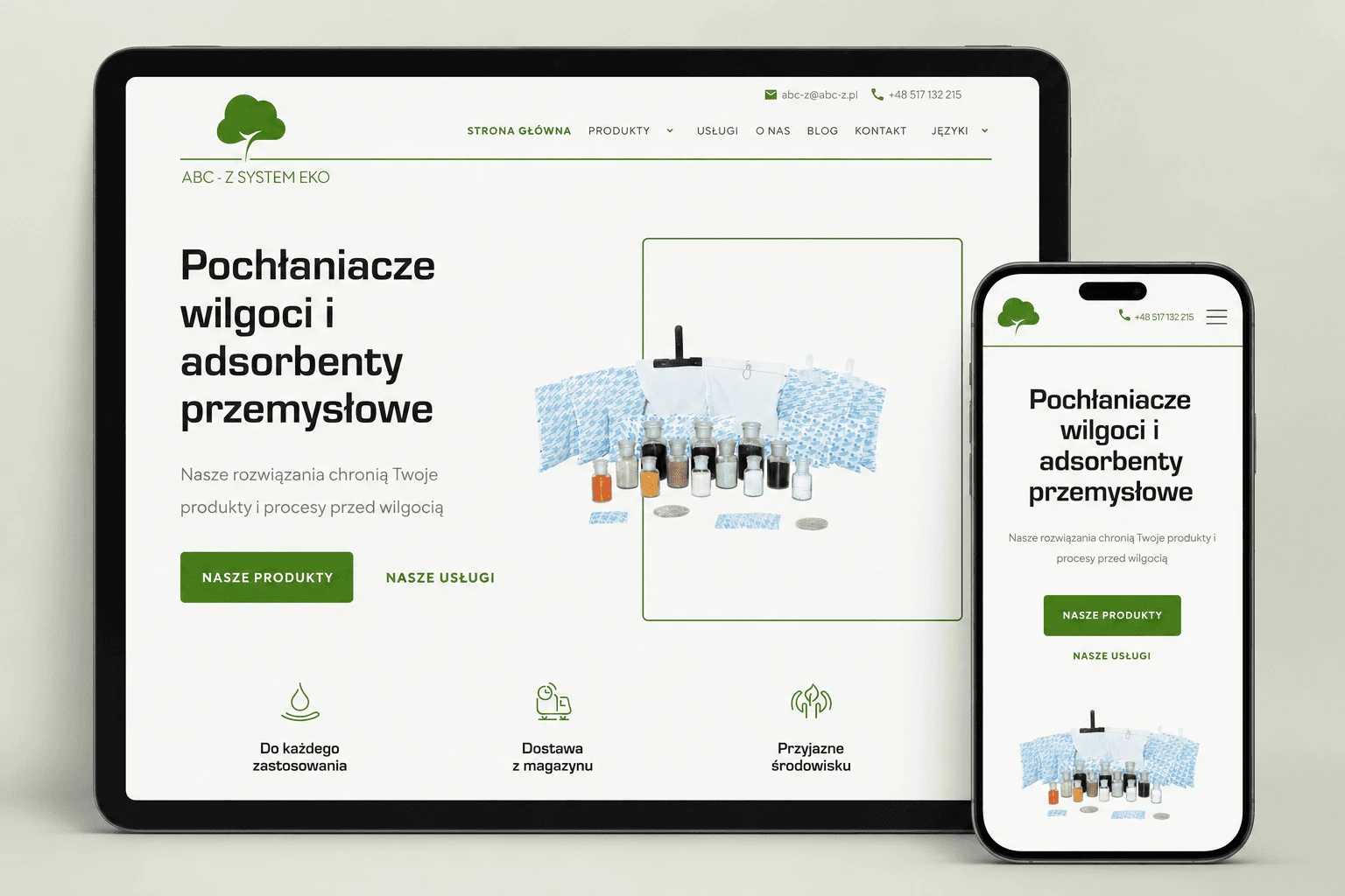 Strona pochłaniaczy wilgoci ABC-Z System EKO na tablecie i telefonie – wersja responsywna