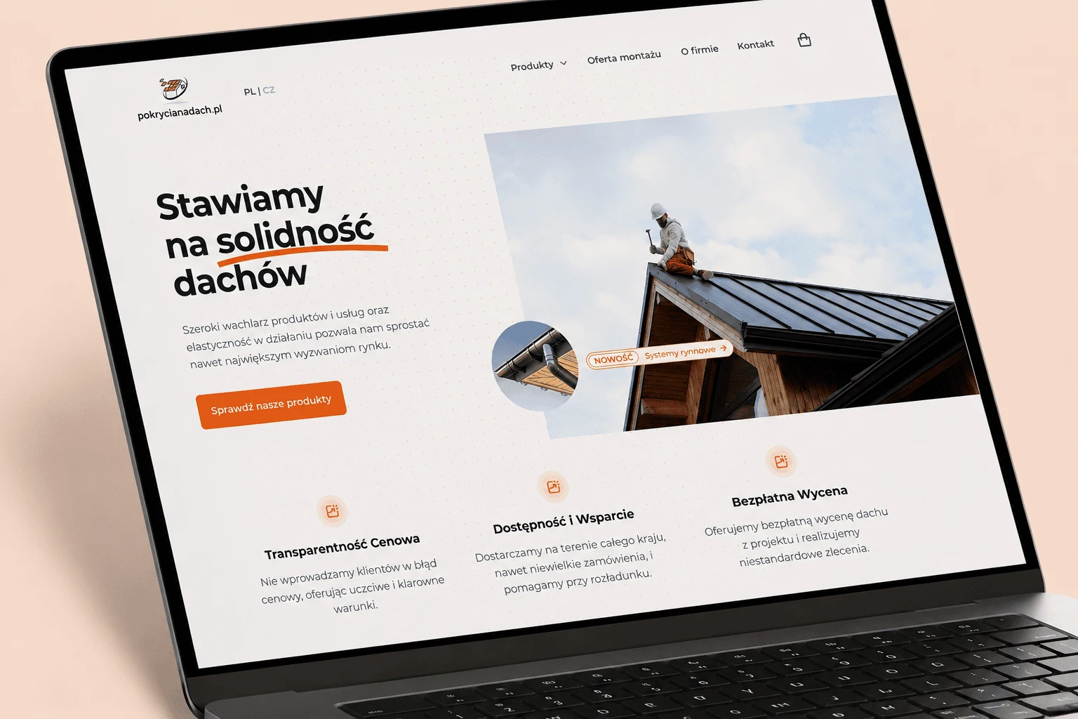 Strona główna pokrycianadach.pl na laptopie – hero Stawiamy na solidność dachów