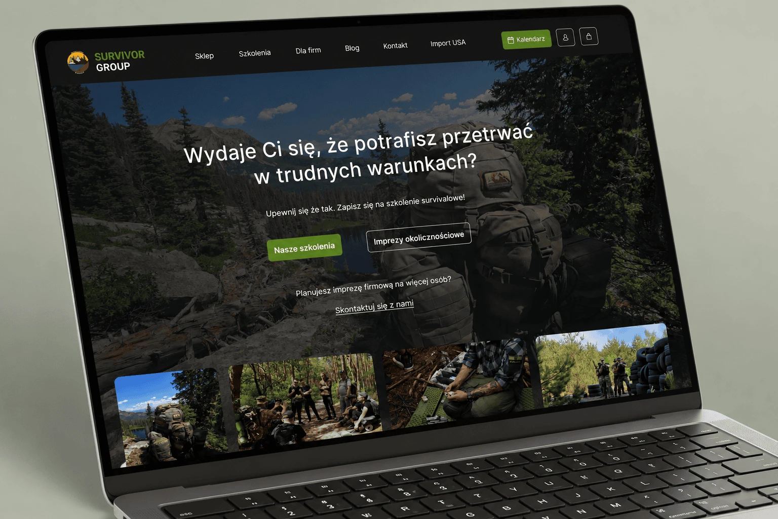 Strona główna Survivor Group na laptopie – hero szkolenia survivalowe