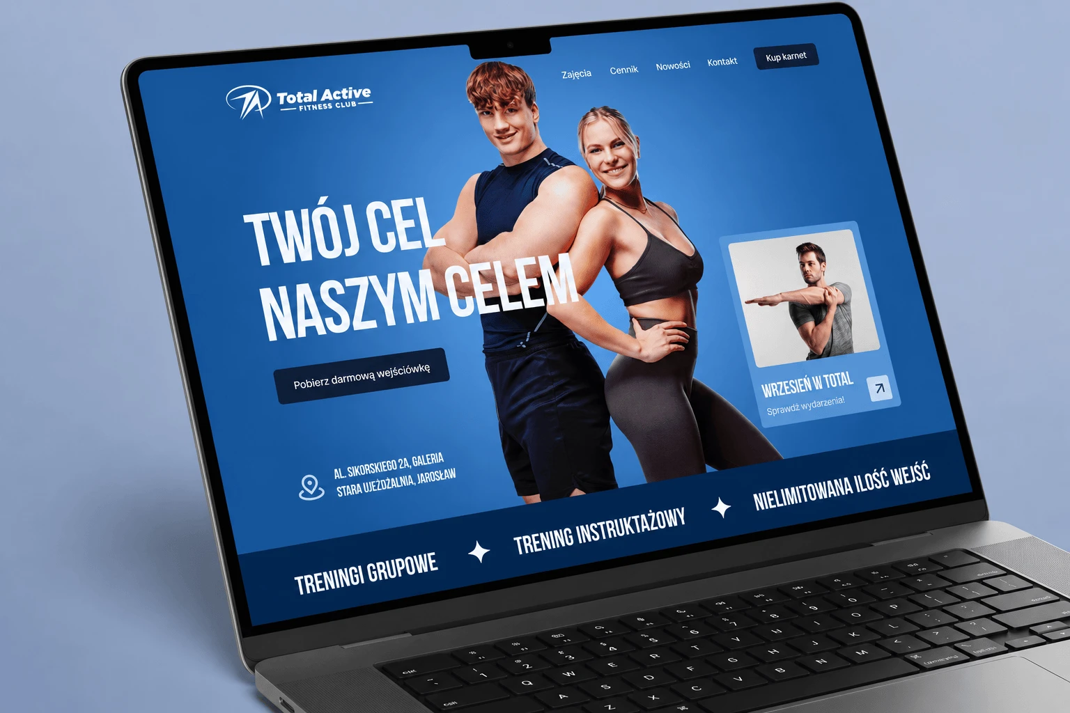 Strona główna Total Active na laptopie – hero „Twój cel naszym celem”