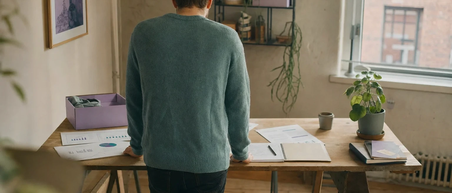 Audyt sklepu internetowego: mężczyzna w zielonym swetrze analizuje przy biurku wydrukowane raporty i wykresy