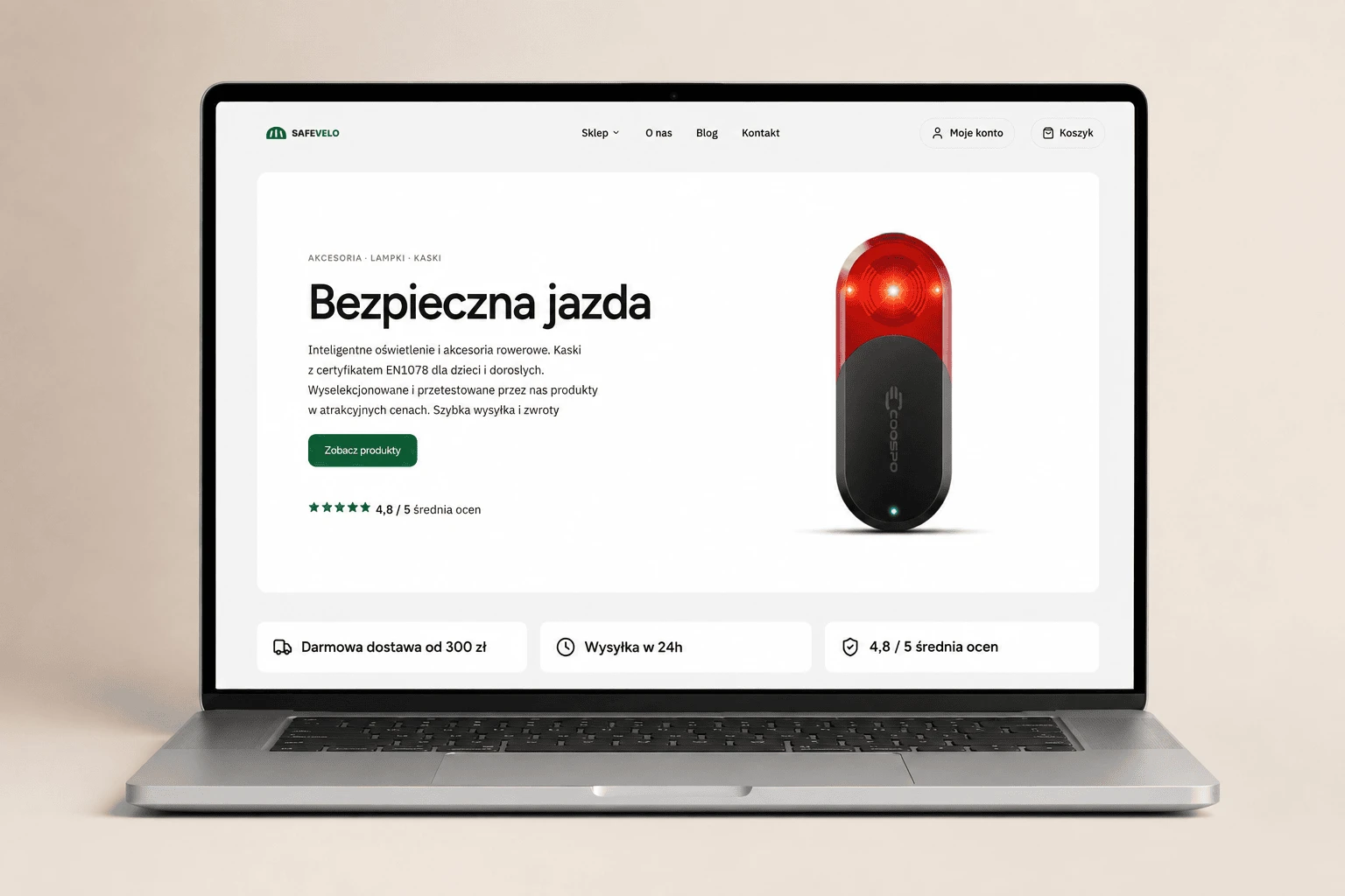 Nowa strona główna SafeVelo na laptopie z radarem TR70